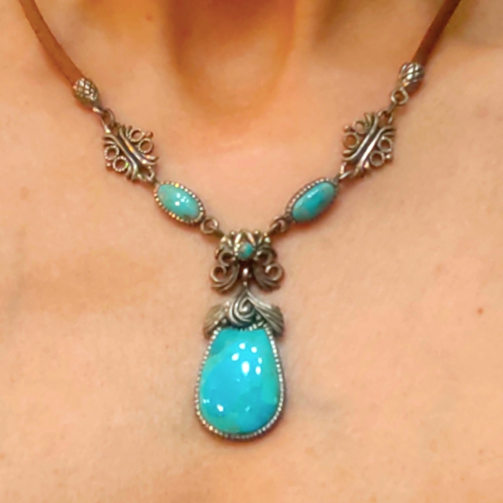 Vintage Barse Sterling Silver and Turquoise Leather Necklace